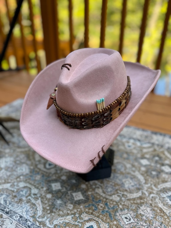 Customed Pink & LeAther & Feather Fedora Hat This custom hat is a romantic soft rose-pink felt fedora  main image 3