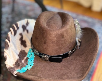 Custom Brown Vegan Felt Cowboy Hat: Cowhide & Turquoise - Etsy display picture 3