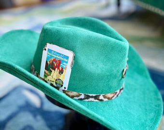 Handmade Green Cowboy Hat: Snakeskin Band, Horsebit Detail