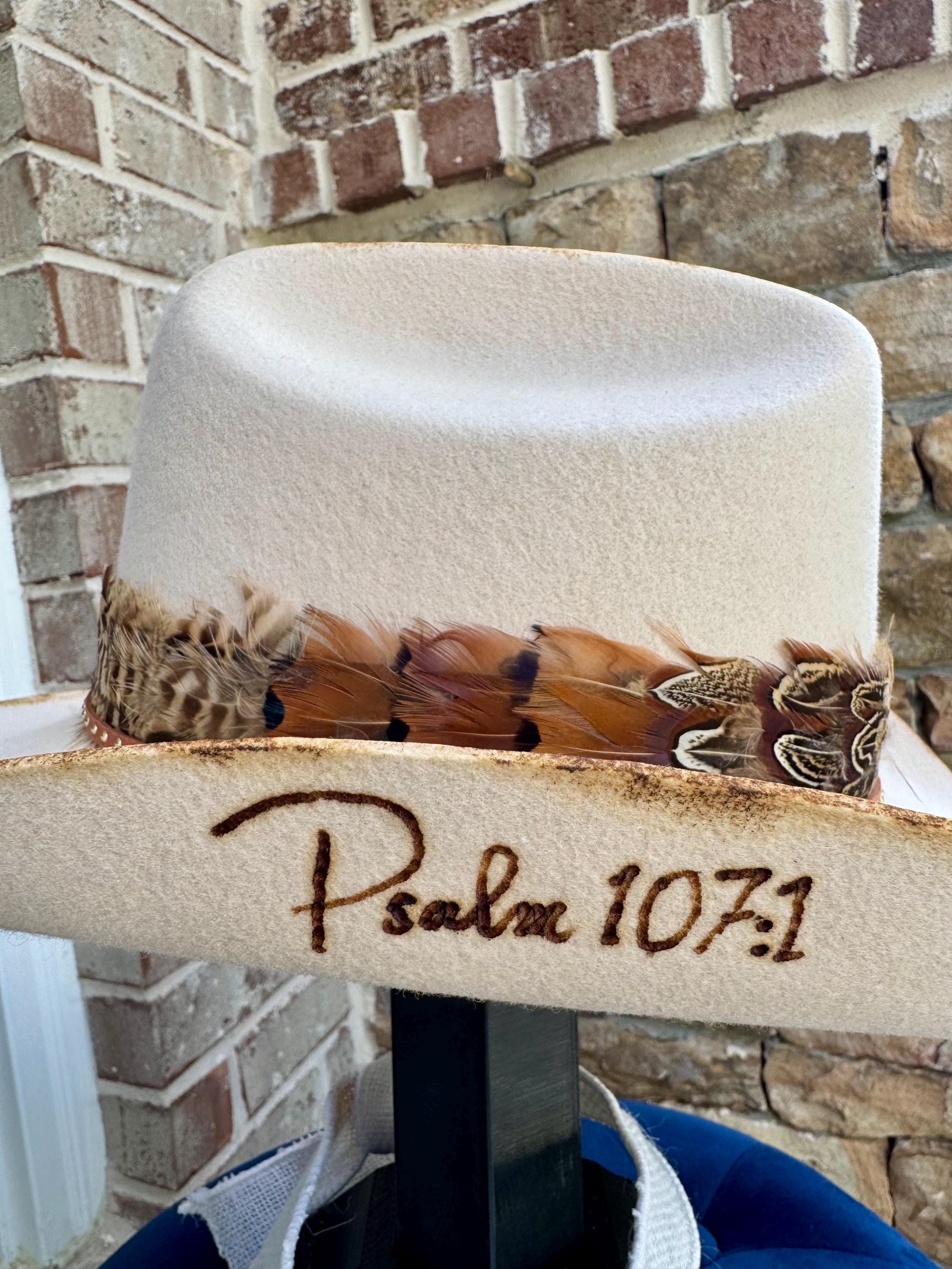 Hand Burned Wool Cowboy Hat: Christian Cross & Feathers - Etsy display picture 2