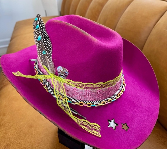 Handmade Distressed Plum Cowboy Hat With Turquoise Feather 