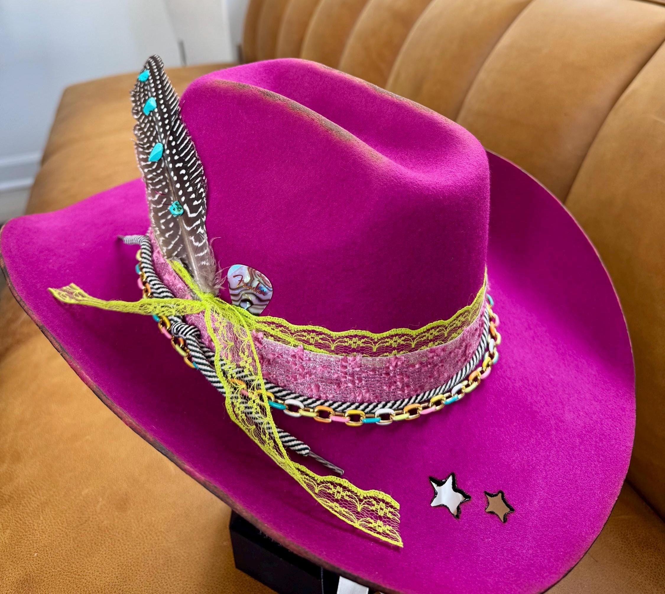 Handmade Distressed Plum Cowboy Hat With Turquoise Feather  display picture 3