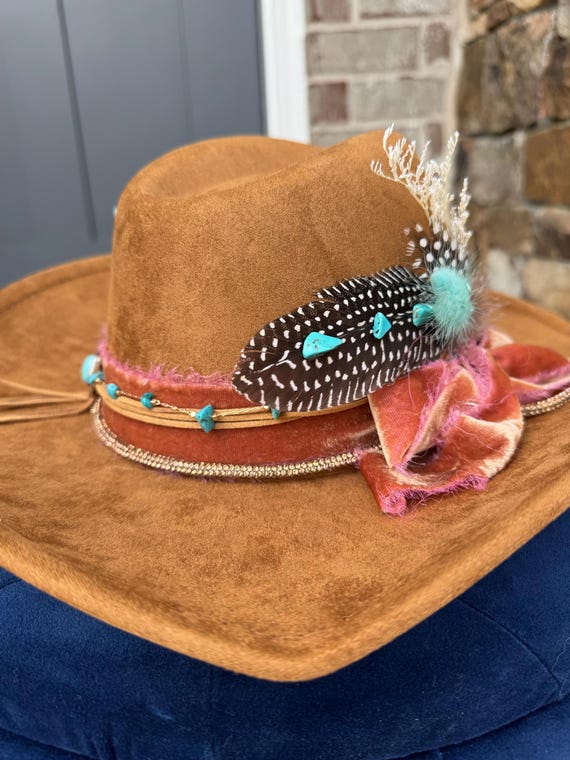 Pink Western Hat with Feather and Turquoise Accents Handmade Distressed Plum Cowboy Hat With Turquoise Feather  main image 3