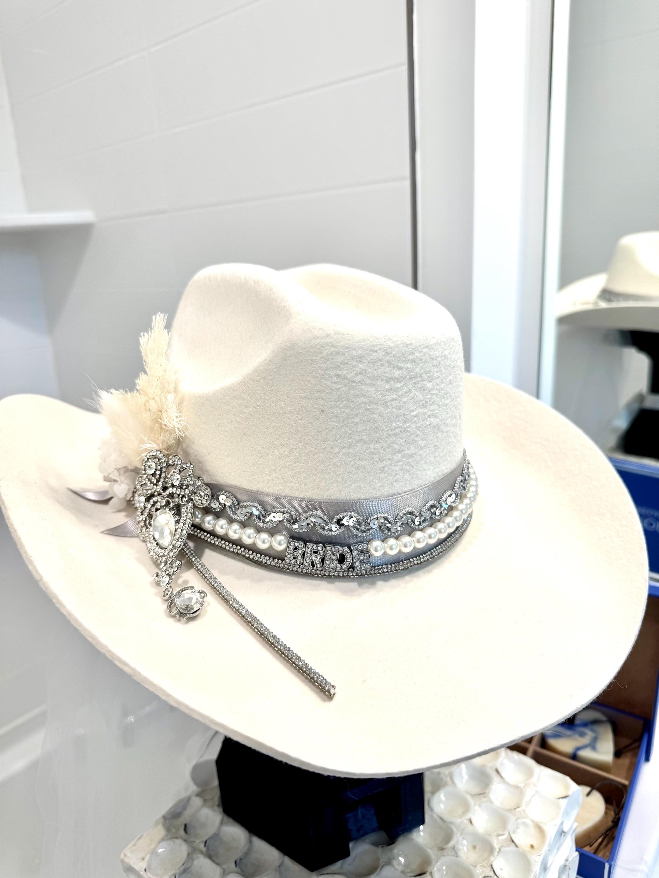San Diego Hat Company Ivory Fedora Cowboy Hat w/ Veil Rhinestones Boho Bridal Tecovas, golden hour, & lovers in cowboy hats  main image 2