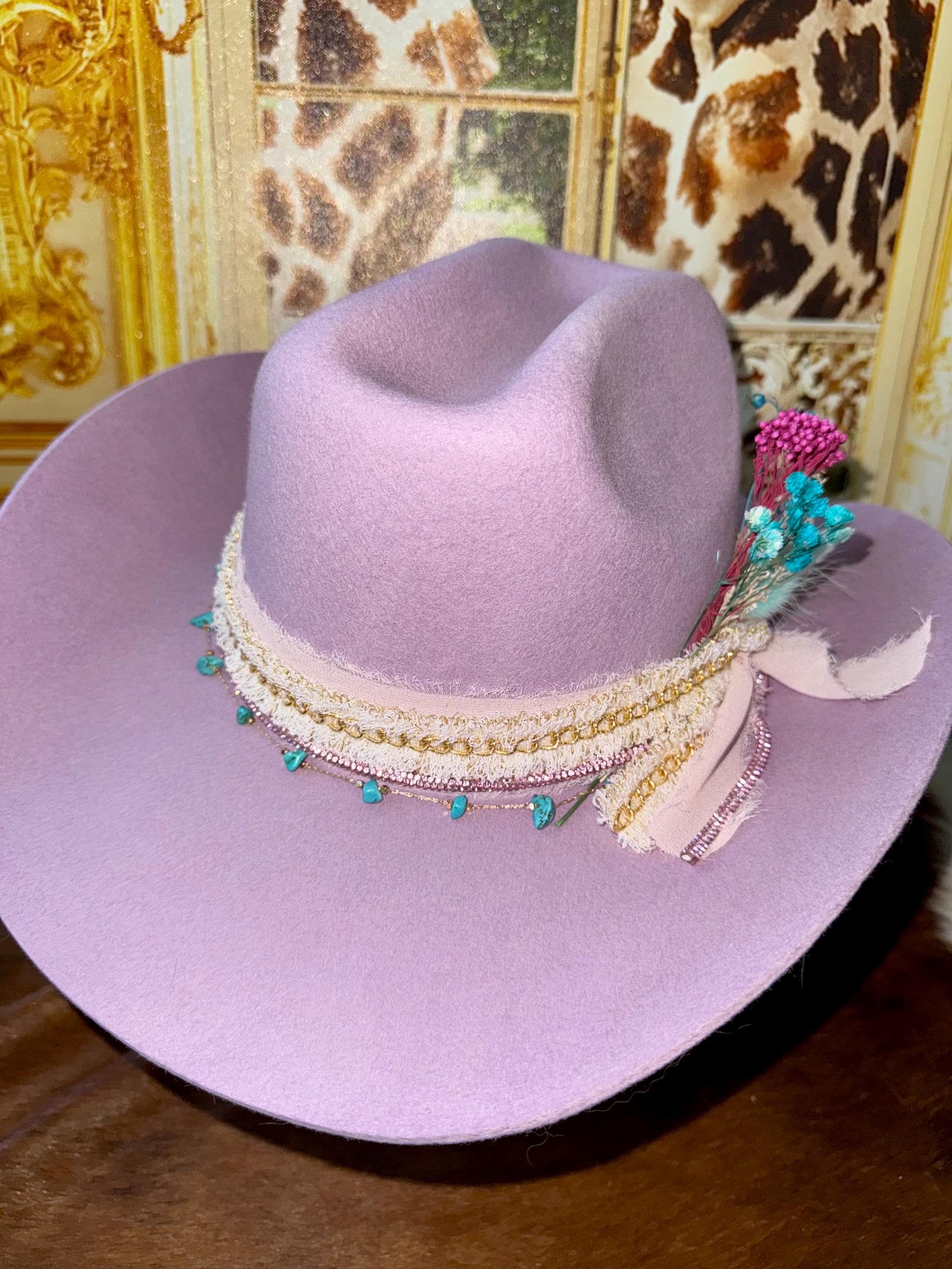 Lavender Felt Cowboy Hat: Turquoise Lace Flowers, Rodeo 