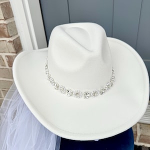 BRIDAL customizable white cowboy hat veil fedora pearls rhinestones diamond brides bachelorettes wedding gift sparkly cowgirl bride