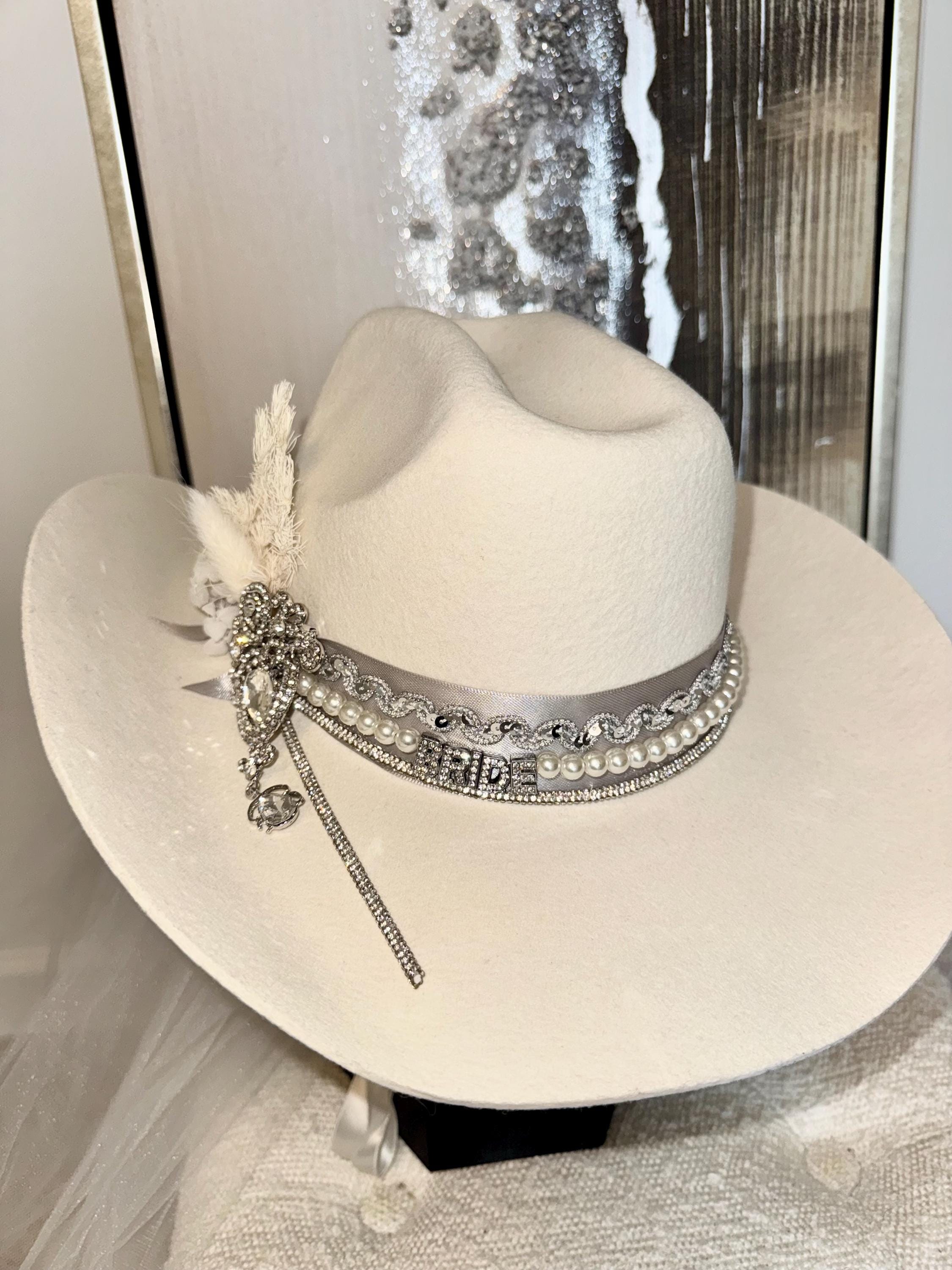 San Diego Hat Company Ivory Fedora Cowboy Hat w/ Veil Rhinestones Boho Bridal Tecovas, golden hour, & lovers in cowboy hats  main image 4