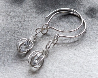Herkimer diamond quartz crystal cage earrings, sparkly jewelry, rustic minimalist, light airy floating stone, boho bridal, silver jewellery