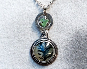 Tender green demantoid garnet and dendritic agate cascade pendant, recycled silver art jewelry, fern leaf stone, nature lover gardener gift