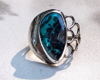 Lightning Ridge chrysocolla sculpted silver lace statement ring, recycled sterling silver, turquoise stone, art jewelry, gift for her