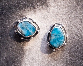 Artisan Apatite Stone Studs: Textured Sterling Silver & Aqua Turquoise Stone Earrings - Minimalist Style, Everyday Jewelry, Mothers Day gift