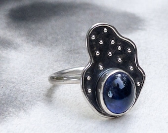 Iolite Flame Ring - Recycled Silver, Organic Shape - Deep Blue Indigo Stone - Wearable Art - Whimsigoth Jewelry - Unique Gift for Her