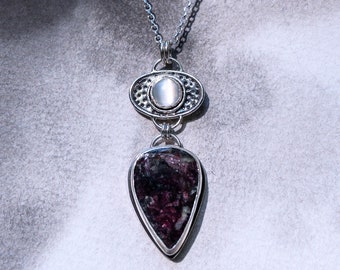 Eudialyte and matte moonstone pendant - dark purple sparkle, sterling silver cats eye necklace, gothic space inspired, whimsigoth jewelery