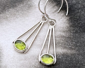 Spring green peridot deco style dangle earrings, sterling silver artisan jewelry, bright shiny silver geometry, August birthday birthstone
