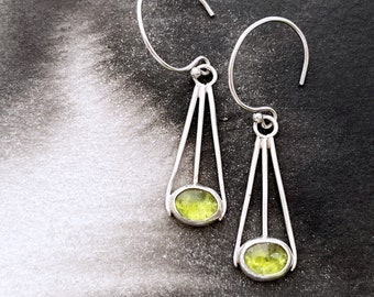 Deco leaves sterling peridot dangle earrings, artisan jewelry, bright shiny silver, geometric minimalist jewellery, clear soft spring green