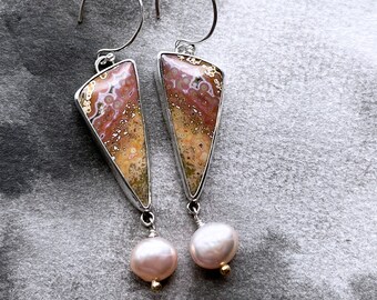 Ocean Jasper pink freshwater pearl earrings, artisan statement jewellery, matching multicolour stones, mixed metal jewelry, wearable art