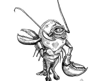 Mashup de homard Cyclobster cyclops, hybrides d'animaux stupides, noir et blanc, impression d'illustration à l'encre, impression mat 8 x 10, poèmes drôles, idée cadeau