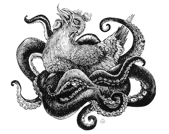 Krakhen kraken hen mashup, Stupid Animal Hybrids, black and white, ink illustration print, 8x10 matted art print, funny mothers day gift