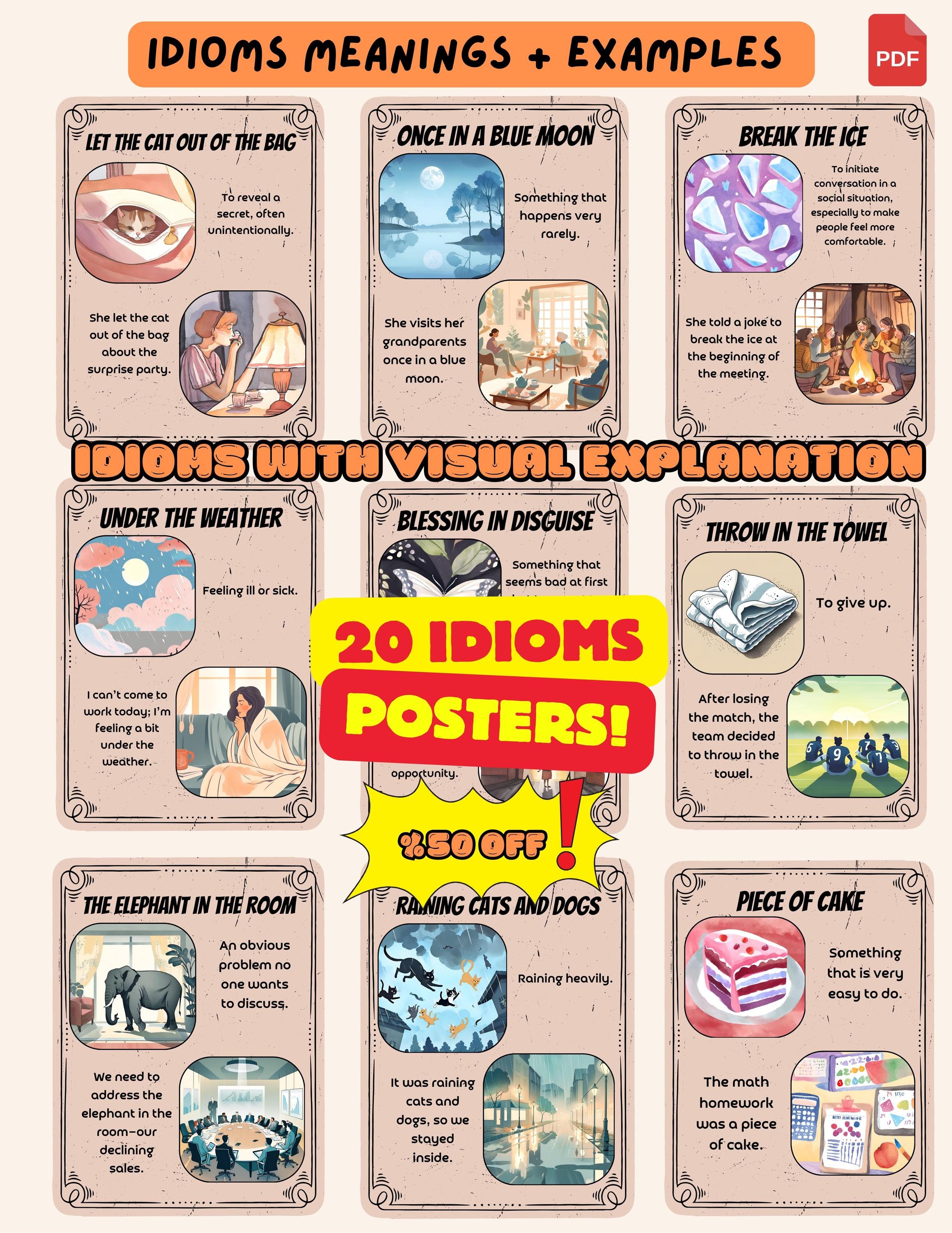 English Idioms Posters, Visual English Idioms Collection, Idioms Poster for Classroom Decoration and Homeschool, Printable Idioms Posters