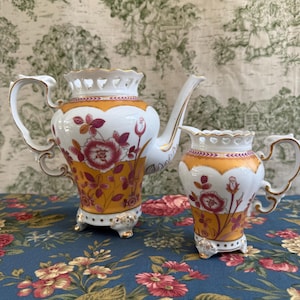 Antique Fine Porcelain Coffee Pot Teapot Chocolate Pot & Creamer Set Pink Yellow Floral Gold Gilded Cottagecore 1800s to Early 1900s Set