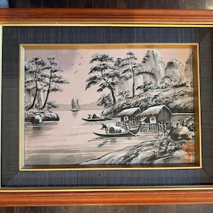 Title: Vintage Japanese-Style Sumi-e Ink Wash Landscape on Cloth | Framed Artwork | 16.5” x 13” Wall Decor