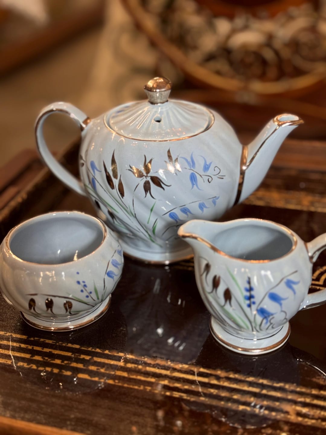 Sadler Tea Set Vintage Sadler Teapot Set Tea Party Sugar Bowl Creamer Blue Silver ...