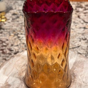 American Amberina Raindrop Quilted Celery Vase, 6.5”, Square Top, c. 1885