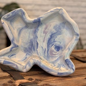 Vintage Handmade Pottery Signed Texas Plate Platter Trinket Dish Ashtray Swirl Blue White Lone Star State TX Southwest Decor