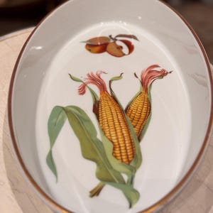 Royal Worcester Evesham Gold Oval Serving Dish 12” x 7.5” Porcelain Fruit Corn Design Large Oval Platter Apple Dish Vintage 1960s Kitchen