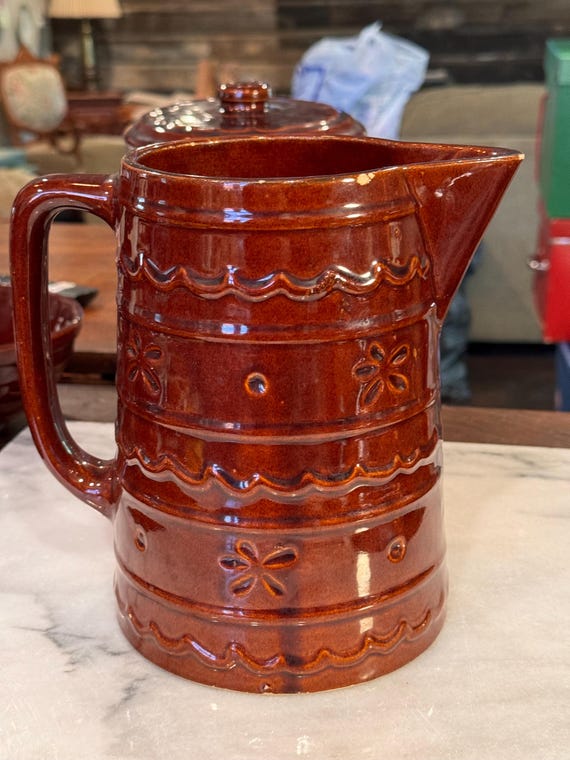 Vintage MCM MARCREST Daisy Dot Stoneware Brown Pottery Pitcher