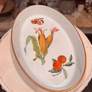 Royal Worcester Evesham Gold Oval Serving Dish 14.5” x 9” Porcelain Fruit Corn Design Large Oval Platter Apple Dish Vintage 1960s Kitchen