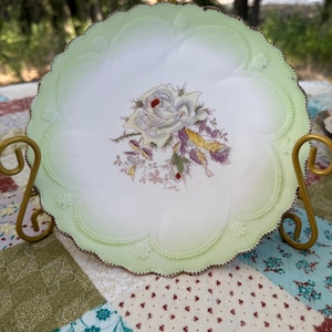 Antique Porcelain Plate 8” White Rose with Green Rim Scalloped Edge Gold Trim 1800s to Early 1900s Cottagecore Floral Decor