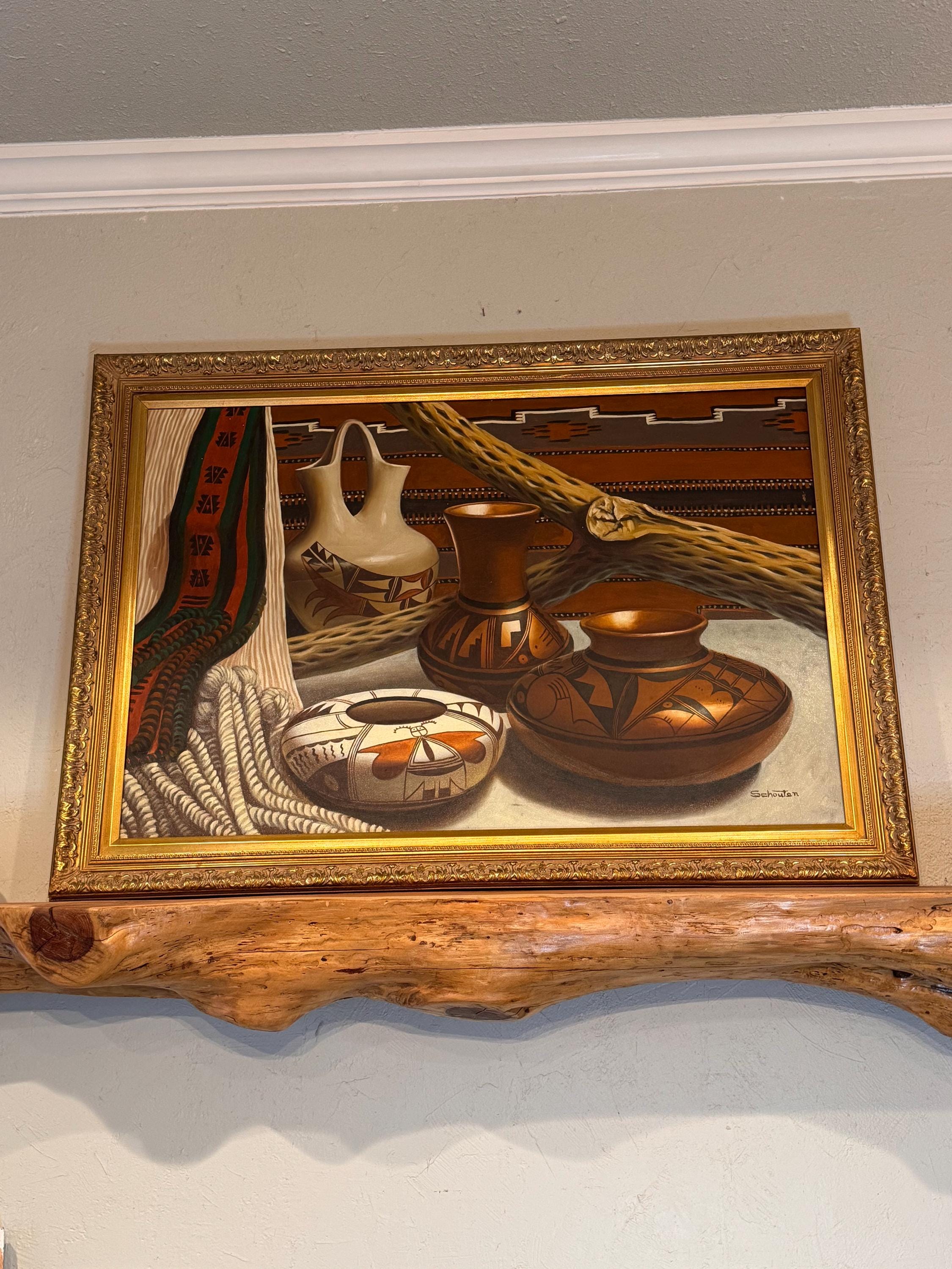 Original Signed Schouten Oil Painting 24x36 – Possibly Henry Schouten, Native American Pottery Art with Optional Ornate Antique Frame