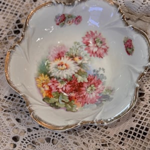 Large Antique Hand-Painted Porcelain Floral Bowl with Gold Accents – 11 inches Diameter pink white flowers gold trip scalloped edged