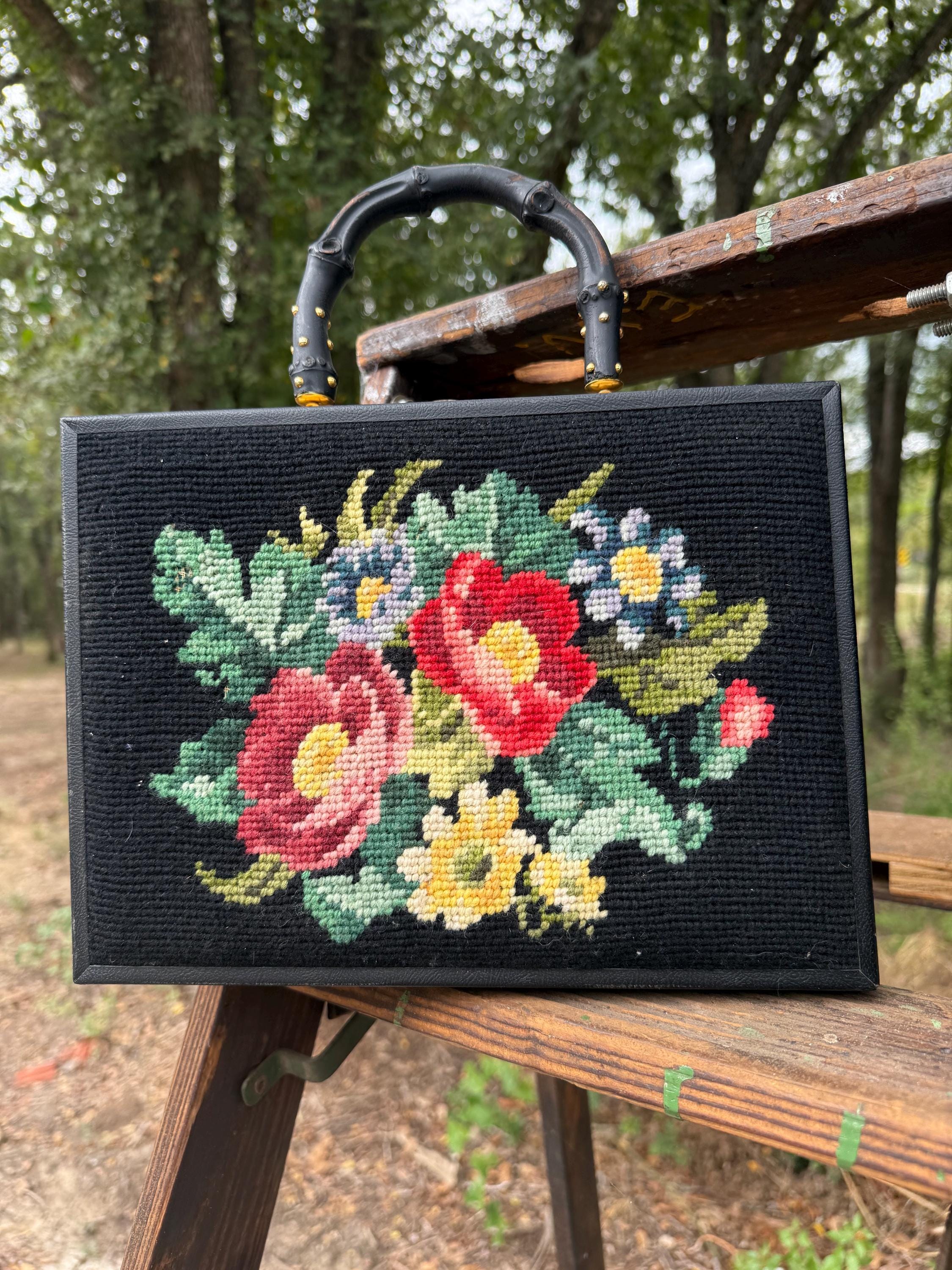 Vintage Stylecraft Miami 1950s 1960s Black Needlepoint Purse