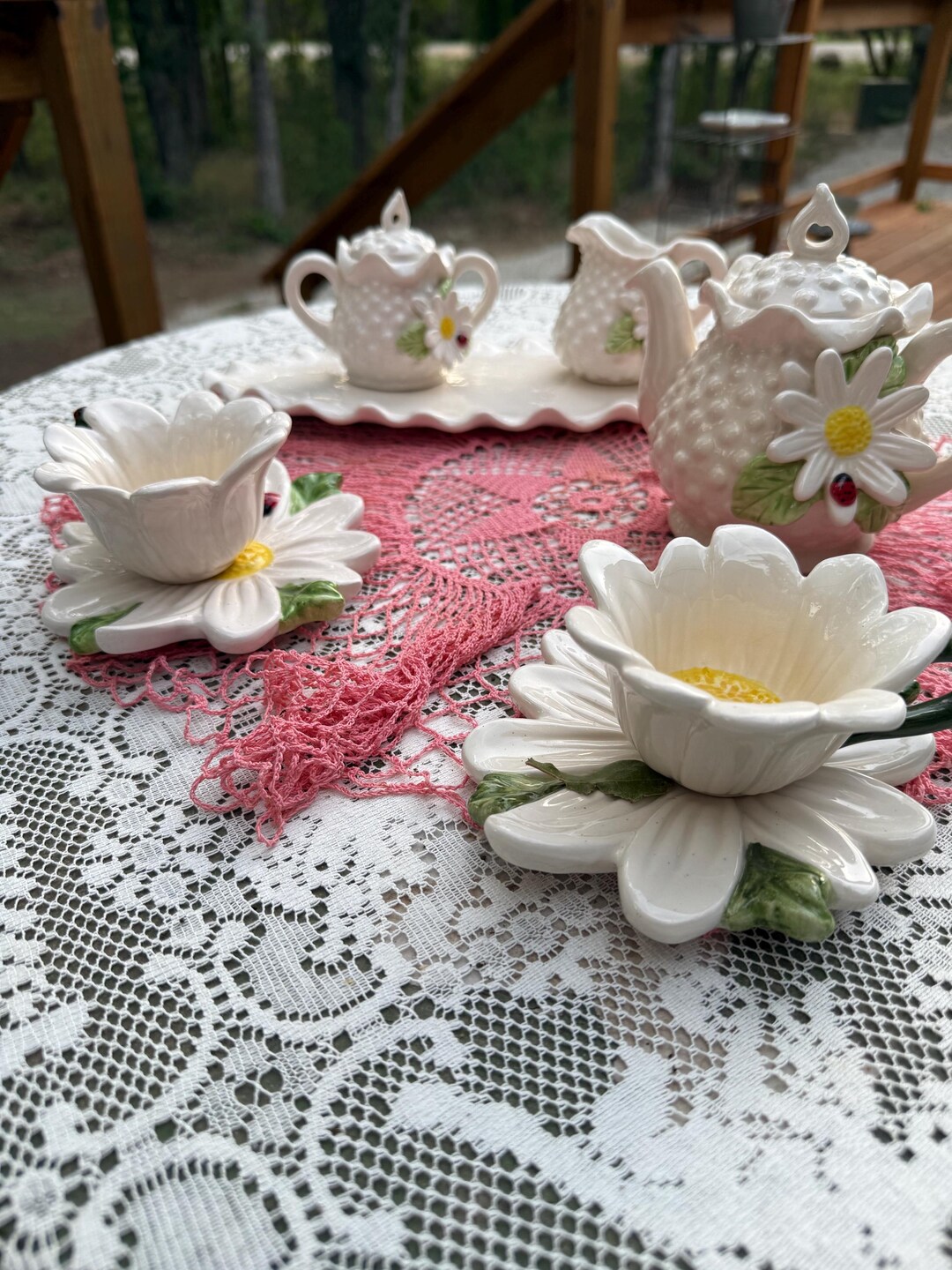 Tea Set White Daisy Ladybug Cute Hobnail Teapot Set 10-piece With ...
