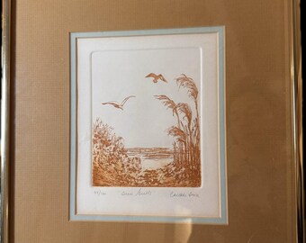 Limited Edition Etching Vintage Artwork (94/120), Signed, Numbered, Seagulls, Ocean Scene, Beach House Decor Lakehouse Nuetral Colors Decor