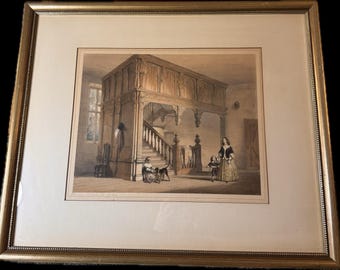 Antique English Print by Joseph Nash: “Staircase, Wakehurst, Sussex” Professionally Framed Gold Frame With Glass Vintage Artwork Heavy Large