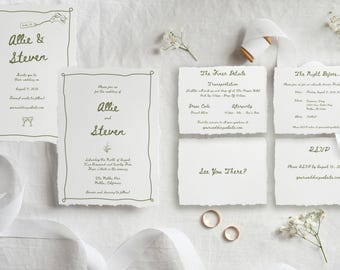May include: Wedding invitation suite with a rustic, hand-drawn design. The invitation features the names "Allie & Steven" in cursive script. The RSVP card includes the text "Please RSVP by August 15, 2021 at yourweddingwebsite.com".