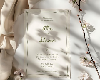 Può includere: Un invito di nozze con sfondo crema e bordo verde. L'invito recita "Si prega di unirsi a noi per il matrimonio di Allie e Steven" e include la data, l'ora e il luogo del matrimonio.
