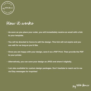 Pode incluir: Um fundo verde com texto branco que explica como usar um modelo de design digital. O texto diz "Como funciona" e explica que ap&oacute;s comprar o modelo, o comprador receber&aacute; um e-mail com um link para editar o design no Canva. O comprador pode editar o design pelo tempo que quiser. Depois que o comprador estiver satisfeito com o design, ele pode salv&aacute;-lo como uma impress&atilde;o PDF e fornecer o PDF &agrave; sua impressora. Alternativamente, o comprador pode salvar o design como JPEG e compartilh&aacute;-lo digitalmente. O texto tamb&eacute;m diz que o vendedor est&aacute; dispon&iacute;vel para pacotes de design personalizados e incentiva os compradores a entrar em contato por meio de mensagens do Etsy para consultas.