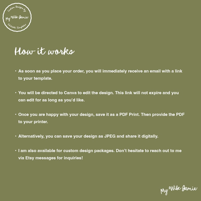 Pode incluir: Um fundo verde com texto branco que explica como usar um modelo de design digital. O texto diz "Como funciona" e explica que ap&oacute;s comprar o modelo, o comprador receber&aacute; um e-mail com um link para editar o design no Canva. O comprador pode editar o design pelo tempo que quiser. Depois que o comprador estiver satisfeito com o design, ele pode salv&aacute;-lo como uma impress&atilde;o PDF e fornecer o PDF &agrave; sua impressora. Alternativamente, o comprador pode salvar o design como JPEG e compartilh&aacute;-lo digitalmente. O texto tamb&eacute;m diz que o vendedor est&aacute; dispon&iacute;vel para pacotes de design personalizados e incentiva os compradores a entrar em contato por meio de mensagens do Etsy para consultas.