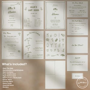 Pode incluir: Um conjunto de modelos de convite de casamento imprimíveis com um tema rústico. Os convites apresentam um esquema de cores verde e branco com ilustrações desenhadas à mão de cactos, botas de cowboy e coquetéis. O texto nos convites inclui os nomes Allie e Steven, a data do casamento e o local do casamento. O texto "Allie's Last Rodeo" também está incluído no convite.