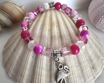 Silver Flamingo Charm Bracelet 8": Pink Crystal Beaded Stretch Jewelry - Handmade, Custom jewelry, Flamingo jewelry, Pink bracelet