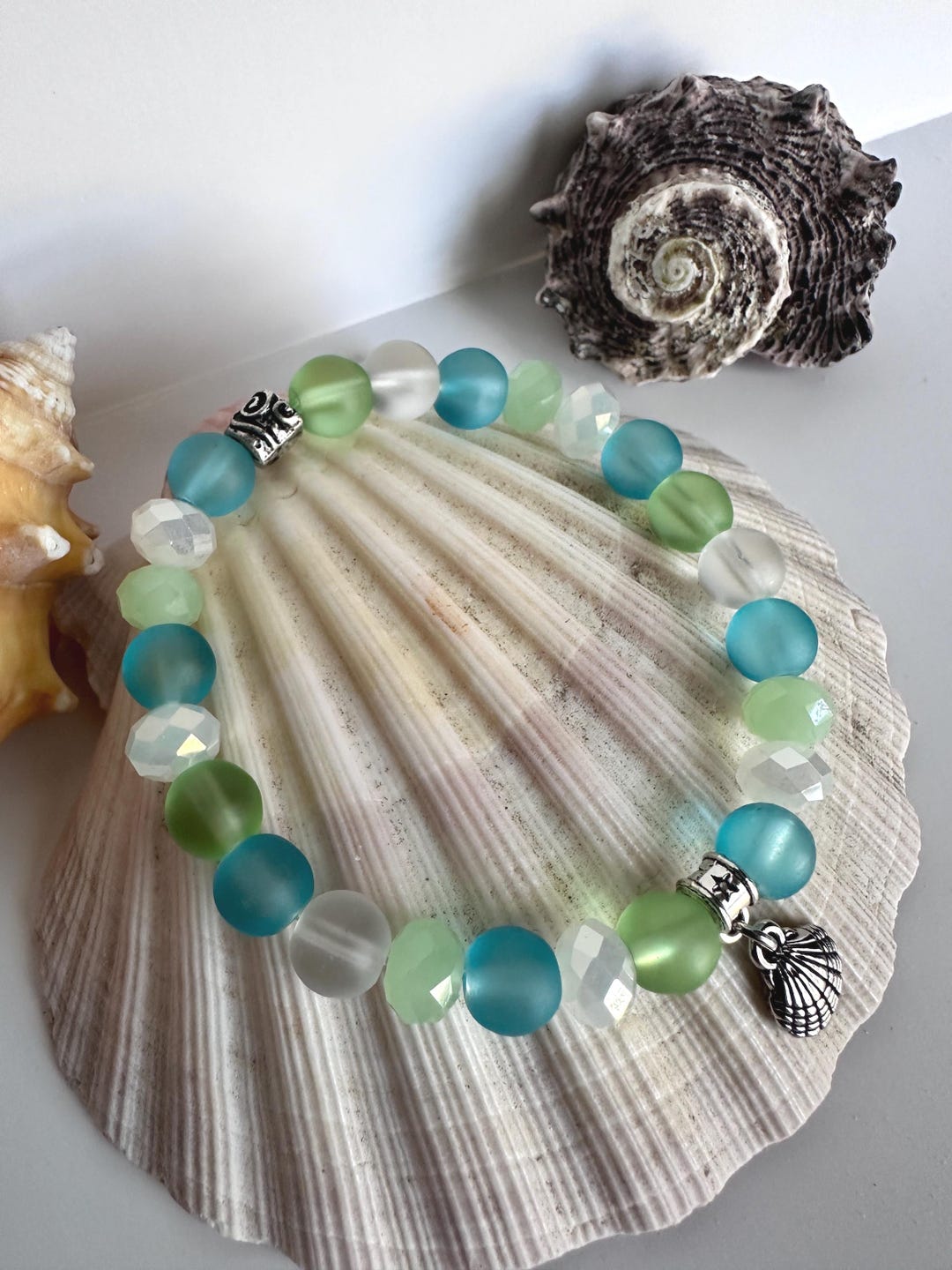Shell Charm Bracelet: Frosted Glass & Crystal Beads - Handmade, Shell ...