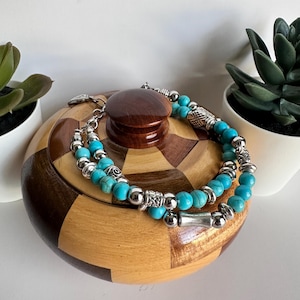 Handmade Turquoise Bead Bracelet: Silver Heart Charm, Boho Style