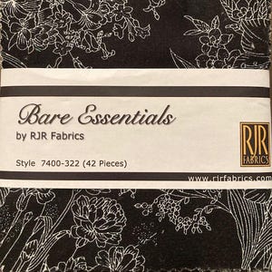 May include: A stack of black fabric squares with a white floral design. The label reads "Bare Essentials by RJR Fabrics." The style number is 7400-322, with 42 pieces. The fabric has a dark background with white floral outlines.