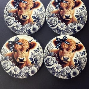 highland cow coasters set of 4, ceramic