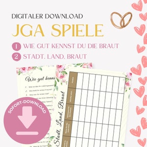 JGA Spiele (Wie gut kennst du die Braut & Stadt, Land, Braut), Hochzeitsspiel, JGA Spiel, Ankreuzen, Junggesellinnenabschied