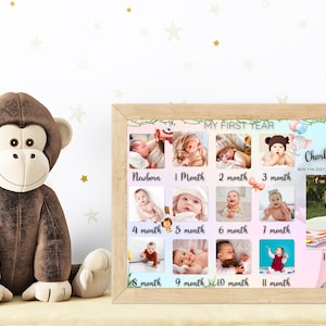 Peut inclure: Un collage de photos encadré avec un fond pastel et une bordure blanche. Le collage est divisé en 12 carrés, chacun contenant une photo d'un bébé à différents âges. Les photos sont disposées en grille, avec l'âge du bébé écrit sous chaque photo. Le titre du collage est "Ma première année" et le nom du bébé est "Chorly Smith".
